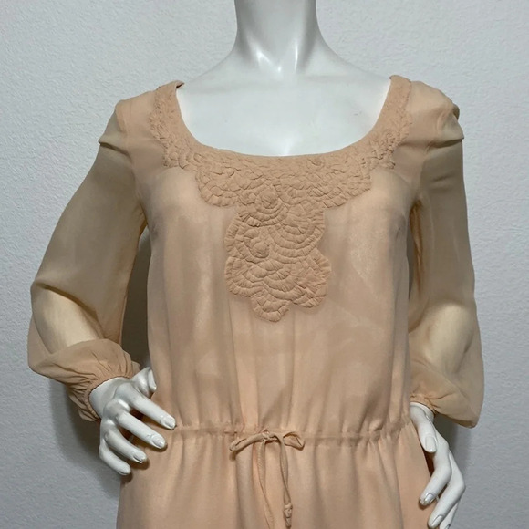 Trina Turk Peach 100% Silk Drawstring Waist Long Sleeve Mini Dress - Picture 3 of 8